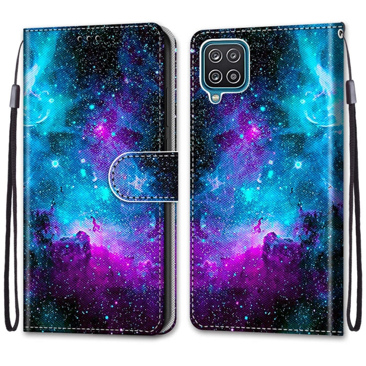 For Samsung Galaxy A12 / M12 Coloured Drawing Cross Texture Horizontal Flip PU Leather Case with Holder & Card Slots & Wallet & Lanyard(Purple Green Starry Sky)