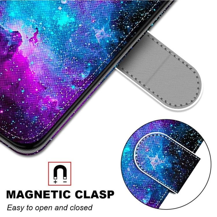 For Samsung Galaxy A12 / M12 Coloured Drawing Cross Texture Horizontal Flip PU Leather Case with Holder & Card Slots & Wallet & Lanyard(Purple Green Starry Sky)