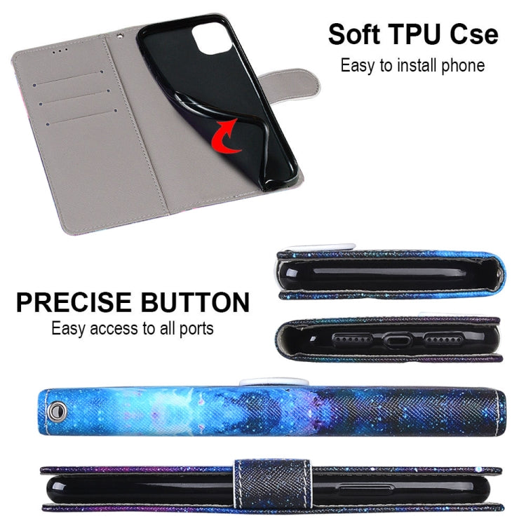 For Samsung Galaxy A12 / M12 Coloured Drawing Cross Texture Horizontal Flip PU Leather Case with Holder & Card Slots & Wallet & Lanyard(Purple Green Starry Sky)