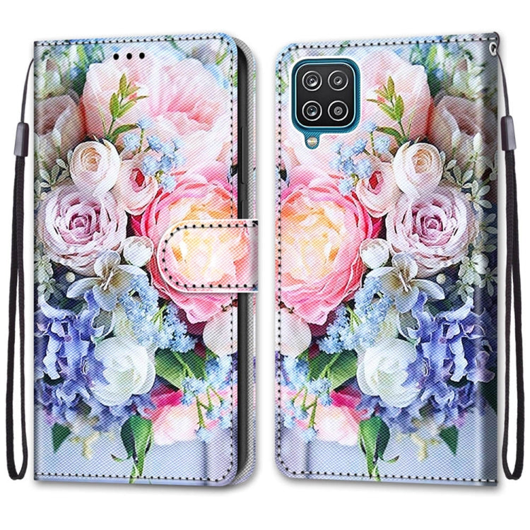 For Samsung Galaxy A12 / M12 Coloured Drawing Cross Texture Horizontal Flip PU Leather Case with Holder & Card Slots & Wallet & Lanyard(Light Pink Bouquet)
