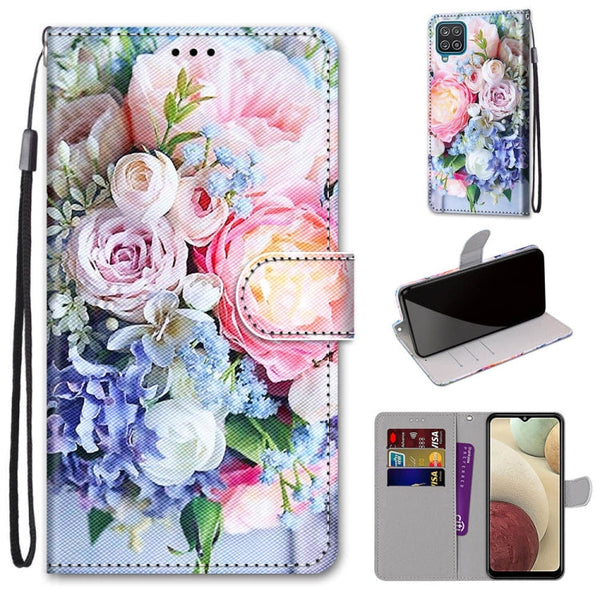 For Samsung Galaxy A12 / M12 Coloured Drawing Cross Texture Horizontal Flip PU Leather Case with Holder & Card Slots & Wallet & Lanyard(Light Pink Bouquet)
