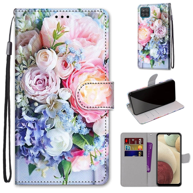 For Samsung Galaxy A12 / M12 Coloured Drawing Cross Texture Horizontal Flip PU Leather Case with Holder & Card Slots & Wallet & Lanyard(Light Pink Bouquet)