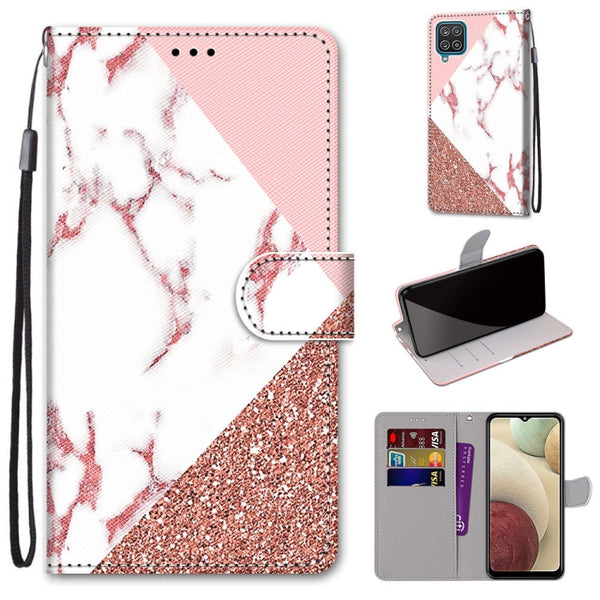 For Samsung Galaxy A12 / M12 Coloured Drawing Cross Texture Horizontal Flip PU Leather Case with Holder & Card Slots & Wallet & Lanyard(Pink Stone Texture)