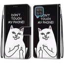 For Samsung Galaxy A12 / M12 Coloured Drawing Cross Texture Horizontal Flip PU Leather Case with Holder & Card Slots & Wallet & Lanyard(Middle Finger White Cat)
