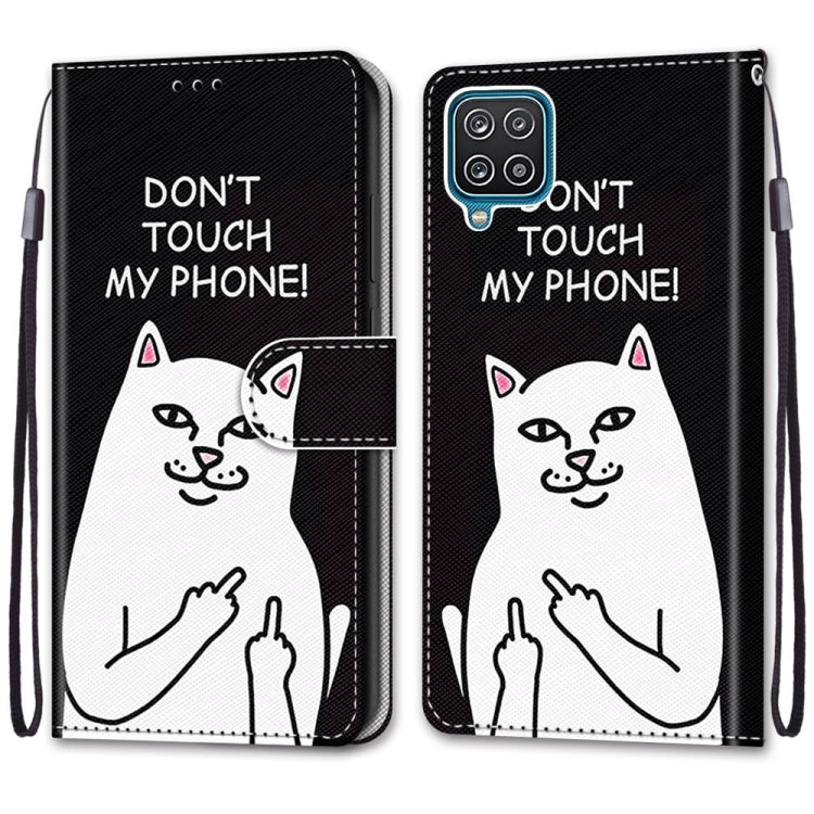 For Samsung Galaxy A12 / M12 Coloured Drawing Cross Texture Horizontal Flip PU Leather Case with Holder & Card Slots & Wallet & Lanyard(Middle Finger White Cat)