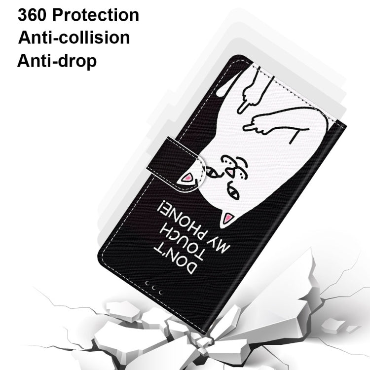 For Samsung Galaxy A12 / M12 Coloured Drawing Cross Texture Horizontal Flip PU Leather Case with Holder & Card Slots & Wallet & Lanyard(Middle Finger White Cat)