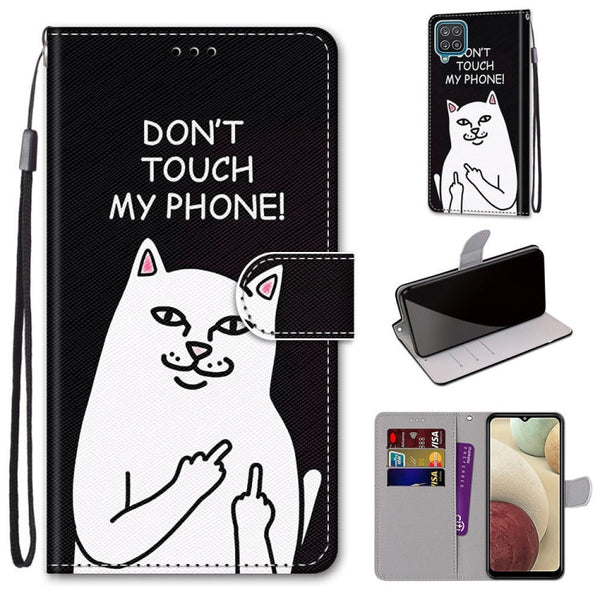 For Samsung Galaxy A12 / M12 Coloured Drawing Cross Texture Horizontal Flip PU Leather Case with Holder & Card Slots & Wallet & Lanyard(Middle Finger White Cat)