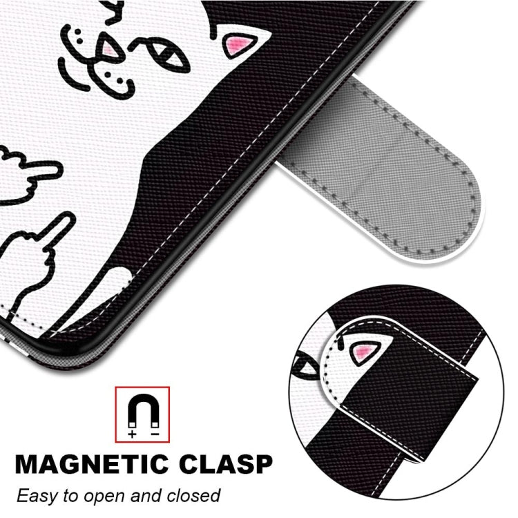 For Samsung Galaxy A12 / M12 Coloured Drawing Cross Texture Horizontal Flip PU Leather Case with Holder & Card Slots & Wallet & Lanyard(Middle Finger White Cat)