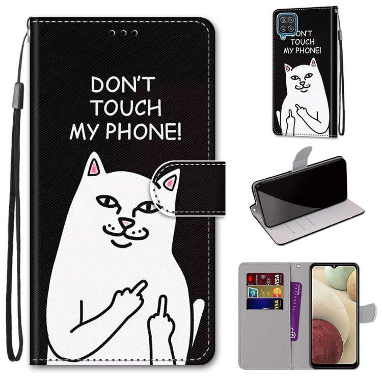 For Samsung Galaxy A12 / M12 Coloured Drawing Cross Texture Horizontal Flip PU Leather Case with Holder & Card Slots & Wallet & Lanyard(Middle Finger White Cat)