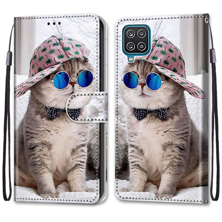 For Samsung Galaxy A12 / M12 Coloured Drawing Cross Texture Horizontal Flip PU Leather Case with Holder & Card Slots & Wallet & Lanyard(Slant Hat Blue Mirror Cat)