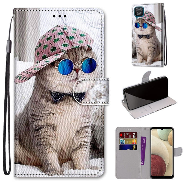 For Samsung Galaxy A12 / M12 Coloured Drawing Cross Texture Horizontal Flip PU Leather Case with Holder & Card Slots & Wallet & Lanyard(Slant Hat Blue Mirror Cat)