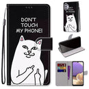 For Samsung Galaxy A32 5G Coloured Drawing Cross Texture Horizontal Flip PU Leather Case with Holder & Card Slots & Wallet & Lanyard(Middle Finger White Cat)
