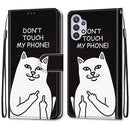 For Samsung Galaxy A32 5G Coloured Drawing Cross Texture Horizontal Flip PU Leather Case with Holder & Card Slots & Wallet & Lanyard(Middle Finger White Cat)