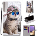 For Samsung Galaxy A32 5G Coloured Drawing Cross Texture Horizontal Flip PU Leather Case with Holder & Card Slots & Wallet & Lanyard(Slant Hat Blue Mirror Cat)
