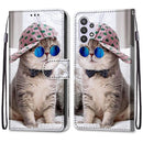 For Samsung Galaxy A32 5G Coloured Drawing Cross Texture Horizontal Flip PU Leather Case with Holder & Card Slots & Wallet & Lanyard(Slant Hat Blue Mirror Cat)