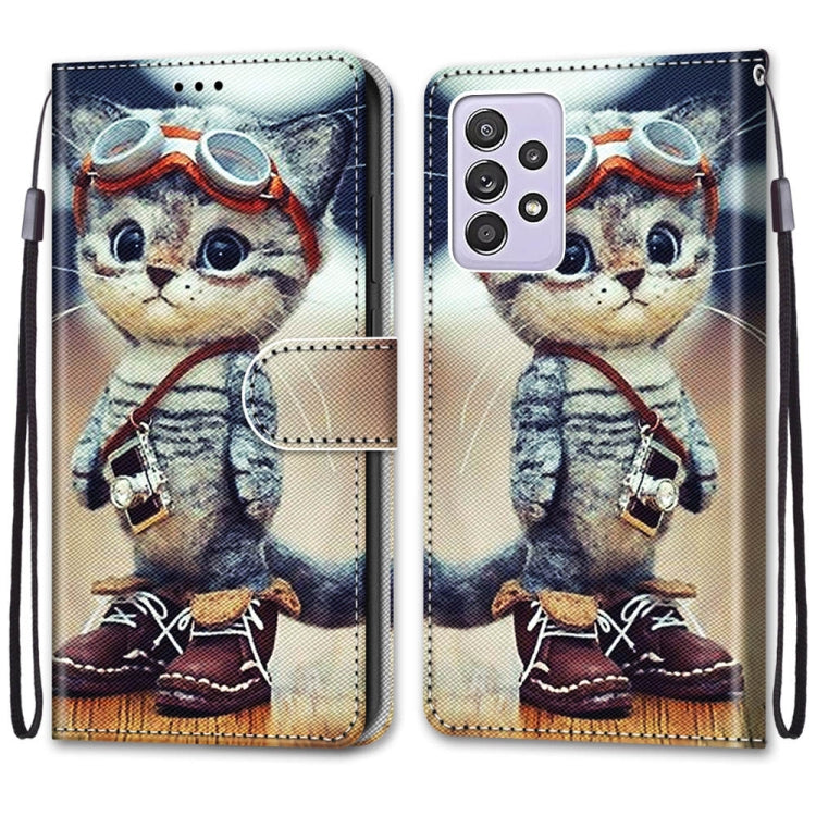 For Samsung Galaxy A52 5G Coloured Drawing Cross Texture Horizontal Flip PU Leather Case with Holder & Card Slots & Wallet & Lanyard(Leather Shoes Cat)