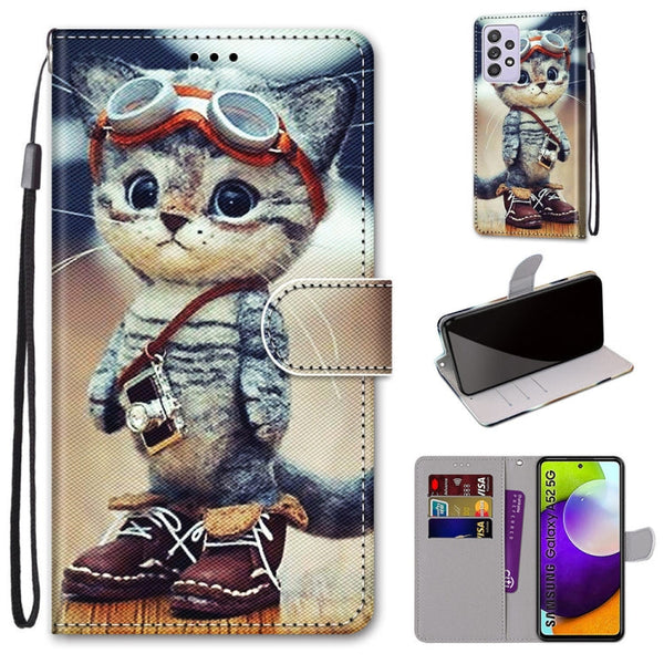 For Samsung Galaxy A52 5G Coloured Drawing Cross Texture Horizontal Flip PU Leather Case with Holder & Card Slots & Wallet & Lanyard(Leather Shoes Cat)