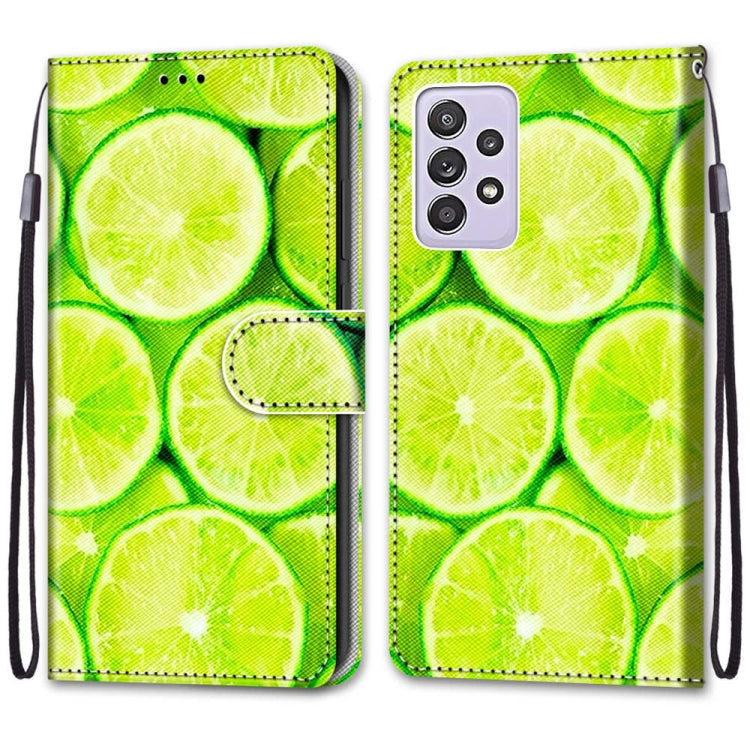 For Samsung Galaxy A52 5G Coloured Drawing Cross Texture Horizontal Flip PU Leather Case with Holder & Card Slots & Wallet & Lanyard(Green Lemon)
