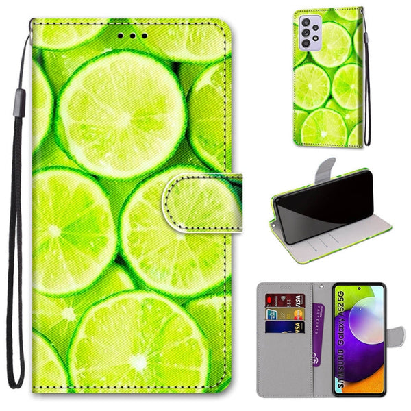 For Samsung Galaxy A52 5G Coloured Drawing Cross Texture Horizontal Flip PU Leather Case with Holder & Card Slots & Wallet & Lanyard(Green Lemon)