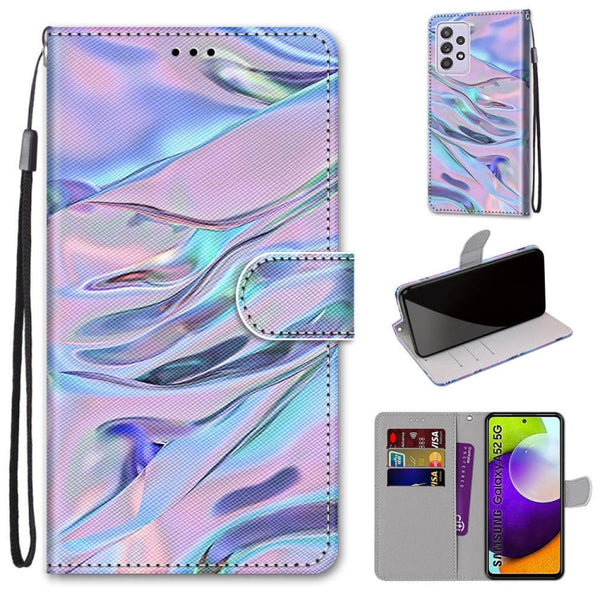 For Samsung Galaxy A52 5G Coloured Drawing Cross Texture Horizontal Flip PU Leather Case with Holder & Card Slots & Wallet & Lanyard(Fluorescent Water Texture)