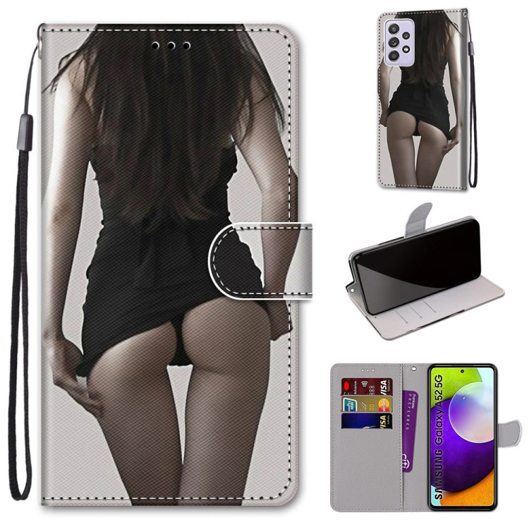 For Samsung Galaxy A52 5G Coloured Drawing Cross Texture Horizontal Flip PU Leather Case with Holder & Card Slots & Wallet & Lanyard(Upskirt)