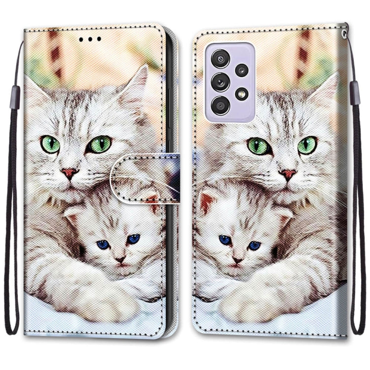 For Samsung Galaxy A52 5G Coloured Drawing Cross Texture Horizontal Flip PU Leather Case with Holder & Card Slots & Wallet & Lanyard(Big Cat Holding Kitten)