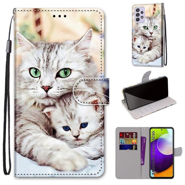 For Samsung Galaxy A52 5G Coloured Drawing Cross Texture Horizontal Flip PU Leather Case with Holder & Card Slots & Wallet & Lanyard(Big Cat Holding Kitten)