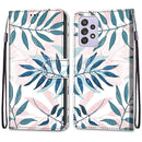 For Samsung Galaxy A52 5G Coloured Drawing Cross Texture Horizontal Flip PU Leather Case with Holder & Card Slots & Wallet & Lanyard(Pink Green Leaf)
