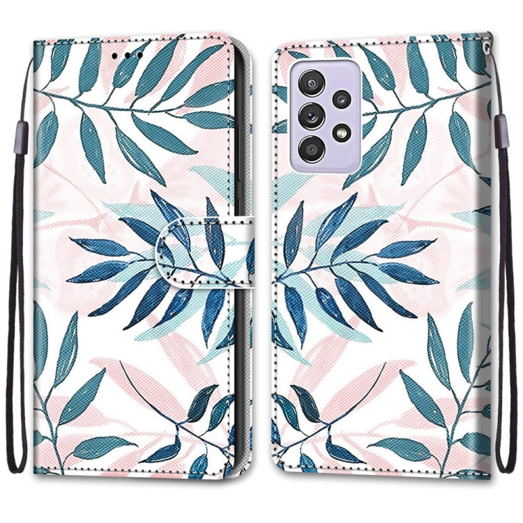 For Samsung Galaxy A52 5G Coloured Drawing Cross Texture Horizontal Flip PU Leather Case with Holder & Card Slots & Wallet & Lanyard(Pink Green Leaf)