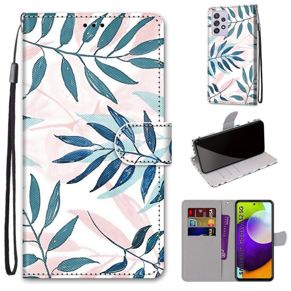 For Samsung Galaxy A52 5G Coloured Drawing Cross Texture Horizontal Flip PU Leather Case with Holder & Card Slots & Wallet & Lanyard(Pink Green Leaf)