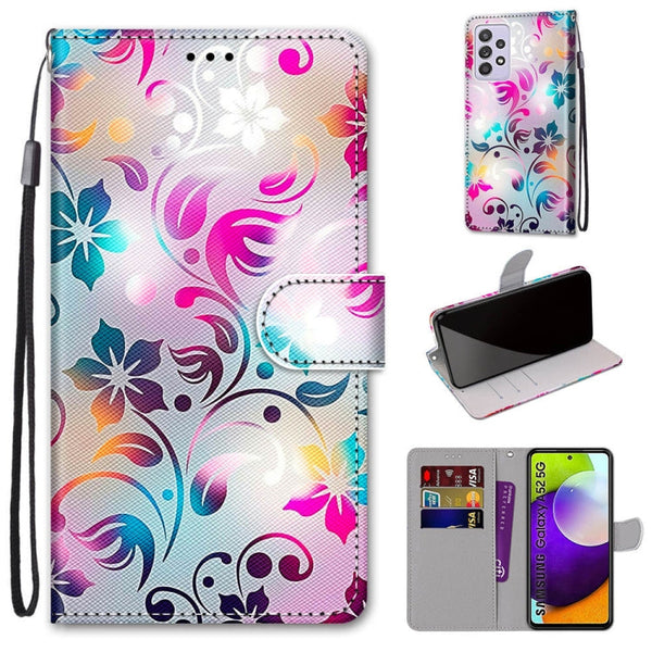 For Samsung Galaxy A52 5G Coloured Drawing Cross Texture Horizontal Flip PU Leather Case with Holder & Card Slots & Wallet & Lanyard(Gradient Colorful Flower)