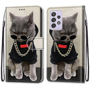 For Samsung Galaxy A52 5G Coloured Drawing Cross Texture Horizontal Flip PU Leather Case with Holder & Card Slots & Wallet & Lanyard(Golden Chain Grey Cat)
