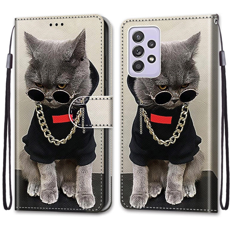 For Samsung Galaxy A52 5G Coloured Drawing Cross Texture Horizontal Flip PU Leather Case with Holder & Card Slots & Wallet & Lanyard(Golden Chain Grey Cat)