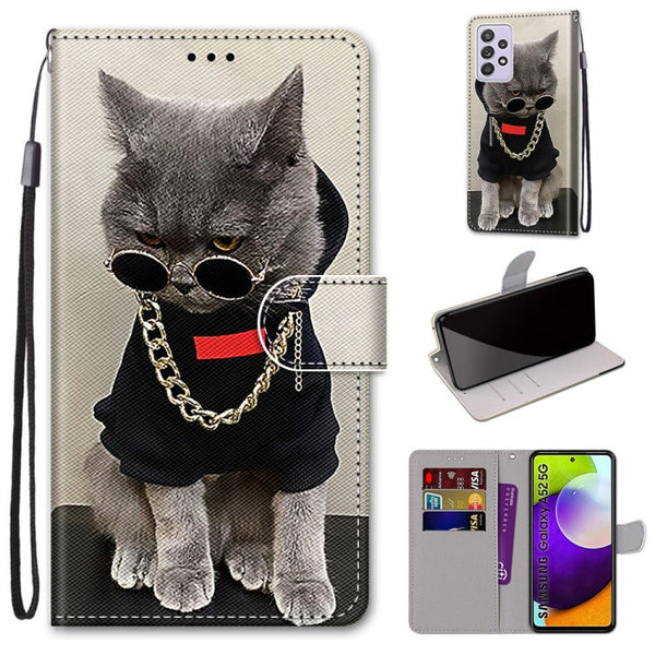 For Samsung Galaxy A52 5G Coloured Drawing Cross Texture Horizontal Flip PU Leather Case with Holder & Card Slots & Wallet & Lanyard(Golden Chain Grey Cat)