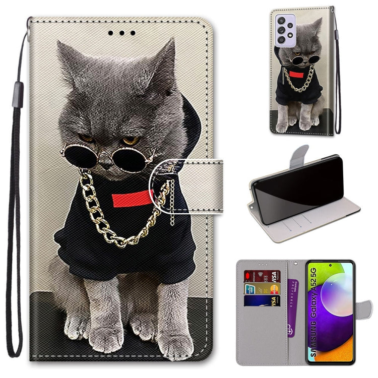 For Samsung Galaxy A52 5G Coloured Drawing Cross Texture Horizontal Flip PU Leather Case with Holder & Card Slots & Wallet & Lanyard(Golden Chain Grey Cat)