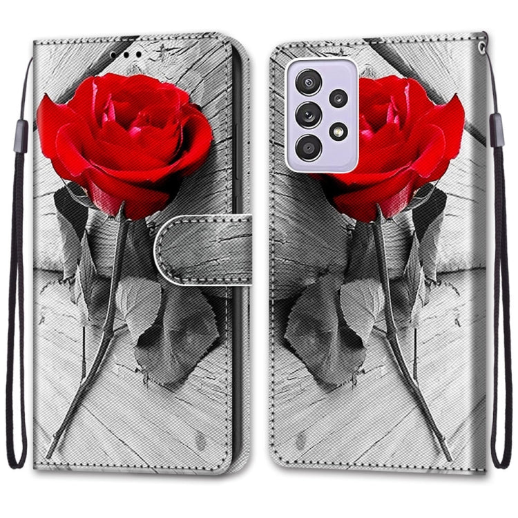 For Samsung Galaxy A52 5G Coloured Drawing Cross Texture Horizontal Flip PU Leather Case with Holder & Card Slots & Wallet & Lanyard(Wood Red Rose)
