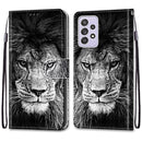 For Samsung Galaxy A52 5G Coloured Drawing Cross Texture Horizontal Flip PU Leather Case with Holder & Card Slots & Wallet & Lanyard(Black White Lion Head)