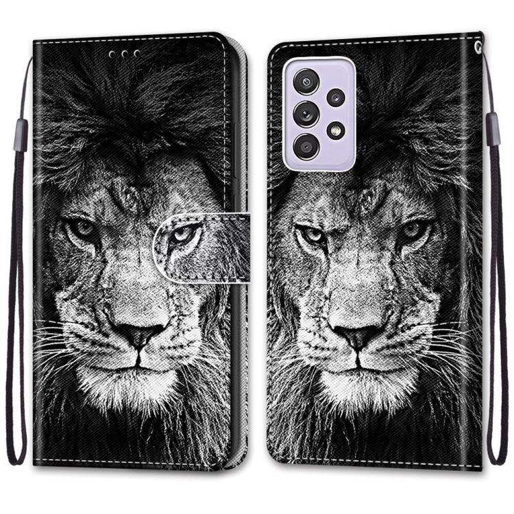 For Samsung Galaxy A52 5G Coloured Drawing Cross Texture Horizontal Flip PU Leather Case with Holder & Card Slots & Wallet & Lanyard(Black White Lion Head)