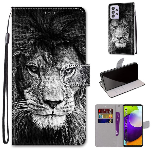 For Samsung Galaxy A52 5G Coloured Drawing Cross Texture Horizontal Flip PU Leather Case with Holder & Card Slots & Wallet & Lanyard(Black White Lion Head)