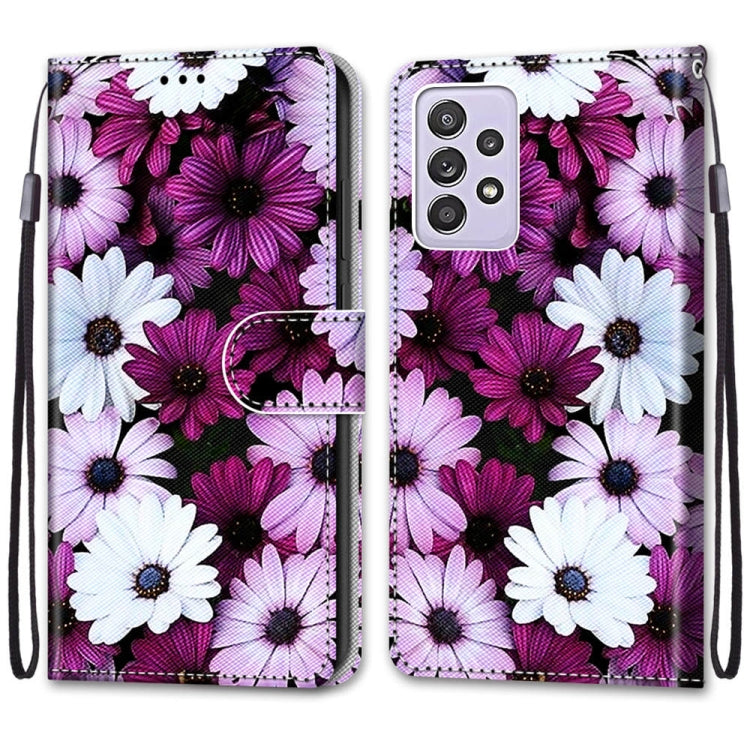 For Samsung Galaxy A52 5G Coloured Drawing Cross Texture Horizontal Flip PU Leather Case with Holder & Card Slots & Wallet & Lanyard(Chrysanthemum Pink White Purple)