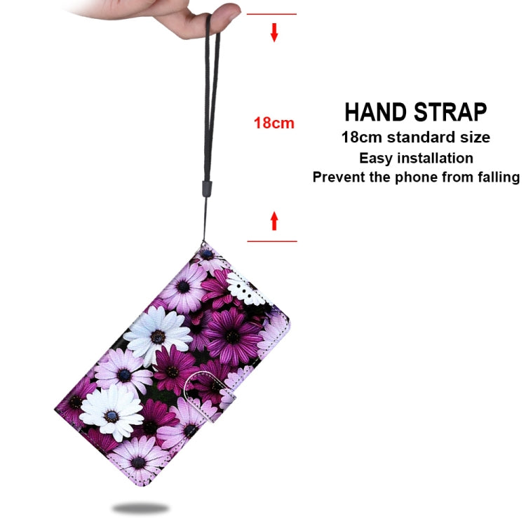 For Samsung Galaxy A52 5G Coloured Drawing Cross Texture Horizontal Flip PU Leather Case with Holder & Card Slots & Wallet & Lanyard(Chrysanthemum Pink White Purple)
