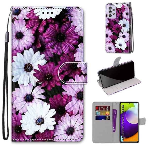 For Samsung Galaxy A52 5G Coloured Drawing Cross Texture Horizontal Flip PU Leather Case with Holder & Card Slots & Wallet & Lanyard(Chrysanthemum Pink White Purple)