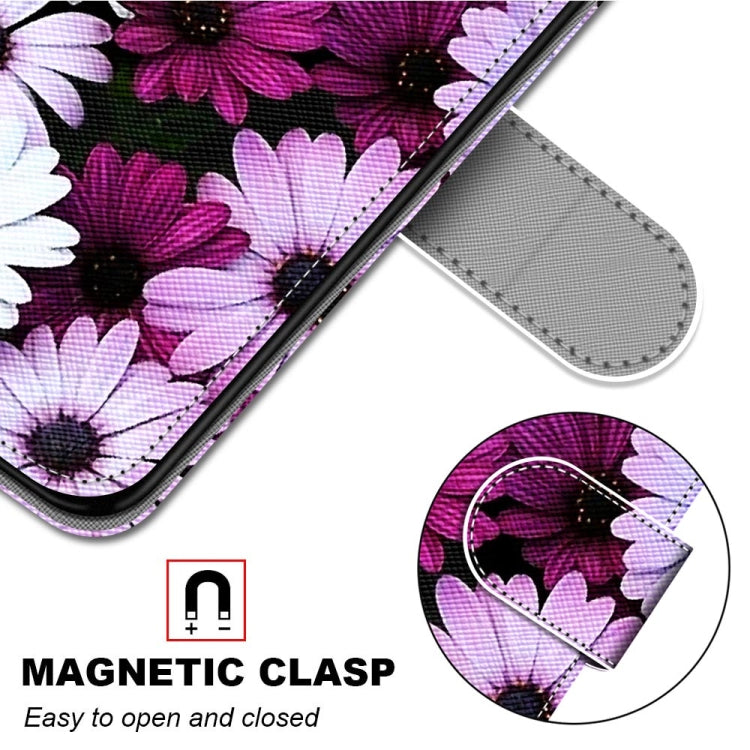 For Samsung Galaxy A52 5G Coloured Drawing Cross Texture Horizontal Flip PU Leather Case with Holder & Card Slots & Wallet & Lanyard(Chrysanthemum Pink White Purple)