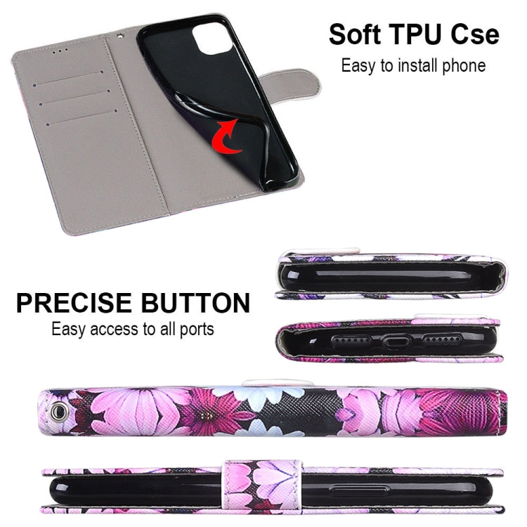 For Samsung Galaxy A52 5G Coloured Drawing Cross Texture Horizontal Flip PU Leather Case with Holder & Card Slots & Wallet & Lanyard(Chrysanthemum Pink White Purple)