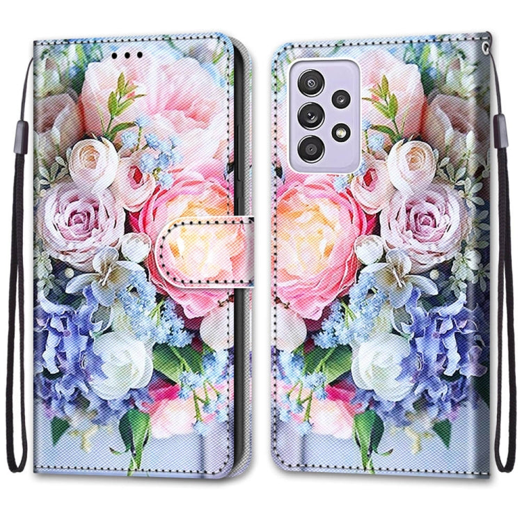For Samsung Galaxy A52 5G Coloured Drawing Cross Texture Horizontal Flip PU Leather Case with Holder & Card Slots & Wallet & Lanyard(Light Pink Bouquet)