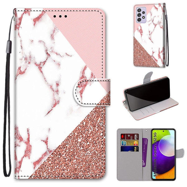For Samsung Galaxy A52 5G Coloured Drawing Cross Texture Horizontal Flip PU Leather Case with Holder & Card Slots & Wallet & Lanyard(Pink Stone Texture)