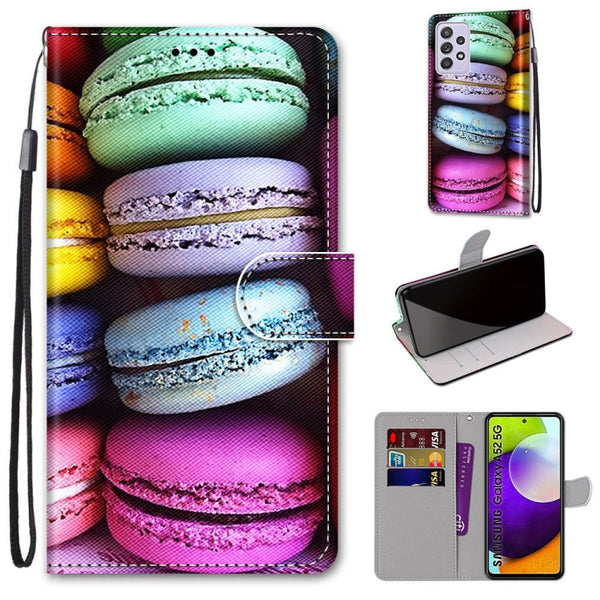 For Samsung Galaxy A52 5G Coloured Drawing Cross Texture Horizontal Flip PU Leather Case with Holder & Card Slots & Wallet & Lanyard(Colorful Cakes)