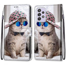 For Samsung Galaxy A52 5G Coloured Drawing Cross Texture Horizontal Flip PU Leather Case with Holder & Card Slots & Wallet & Lanyard(Slant Hat Blue Mirror Cat)
