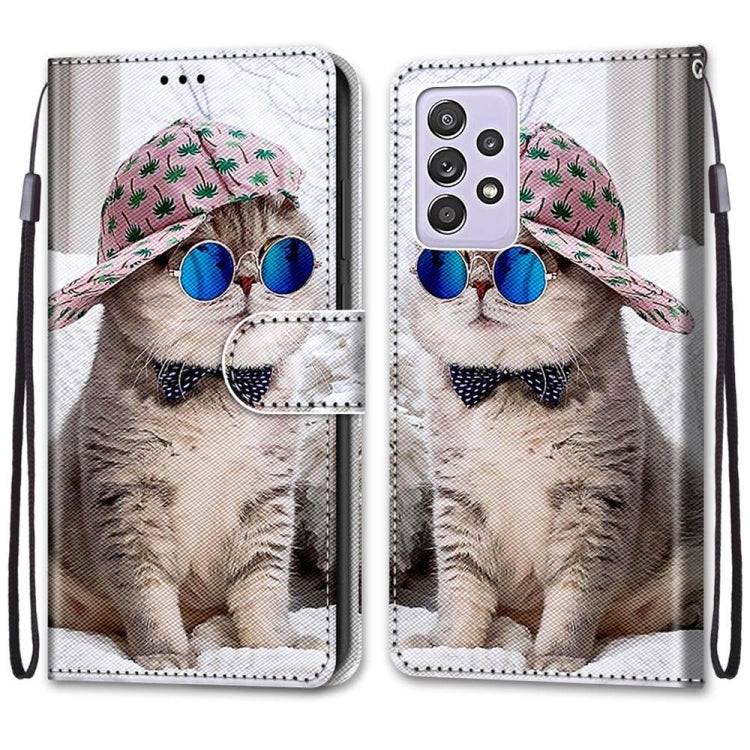 For Samsung Galaxy A52 5G Coloured Drawing Cross Texture Horizontal Flip PU Leather Case with Holder & Card Slots & Wallet & Lanyard(Slant Hat Blue Mirror Cat)