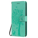 For OPPO Reno5 5G Tree & Cat Pattern Pressed Printing Horizontal Flip PU Leather Case with Holder & Card Slots & Wallet & Lanyard(Green)